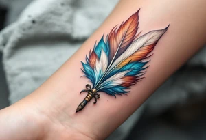 A tribal feather fan in brown, white, and turquoise, held together by leather bindings. tattoo idea
