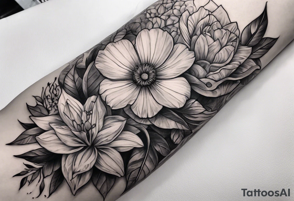 High contrast black and grey forearm snake and flower sleeve tattoo idea