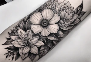 High contrast black and grey forearm snake and flower sleeve tattoo idea