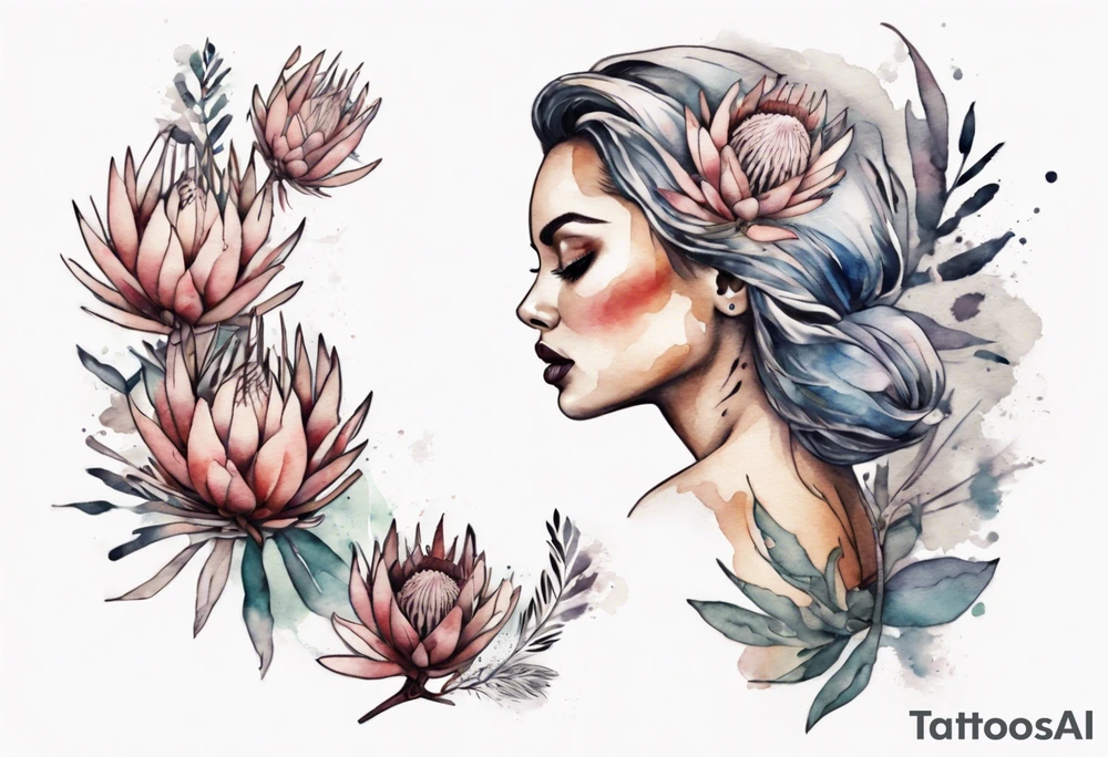 Very feminine tattoo with a woman dancing in a wind of protea flowers tattoo idea