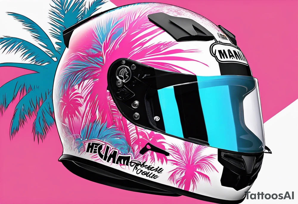 Formula 1 Helment with the Miami name a palm tree and pink and light blue colors tattoo idea