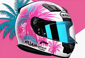 Formula 1 Helment with the Miami name a palm tree and pink and light blue colors tattoo idea