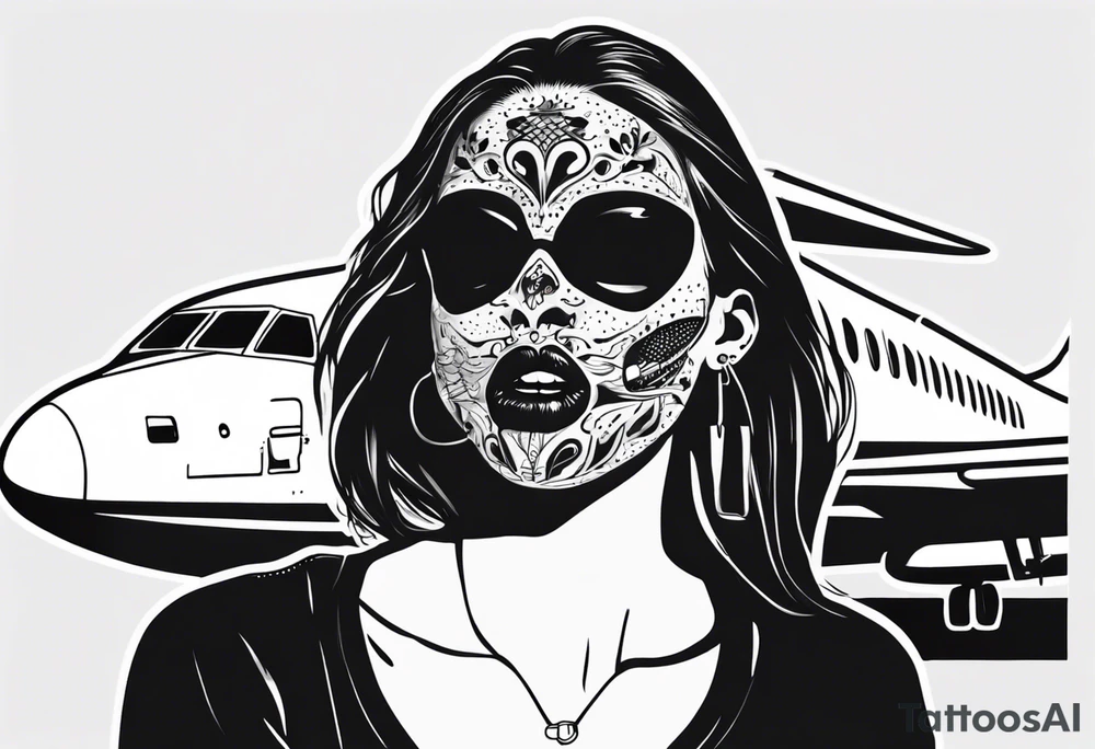 the face of a girl in a black mask who licks the plane with her tongue tattoo idea