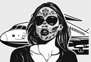the face of a girl in a black mask who licks the plane with her tongue tattoo idea