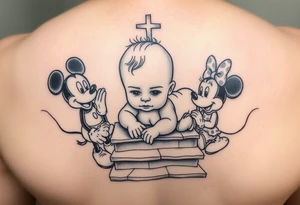 Babyboy crawling up to gods stairway to heaven surrounded wit baby mickey mouse and baby Minnie mouse baby winnie the poo tattoo idea