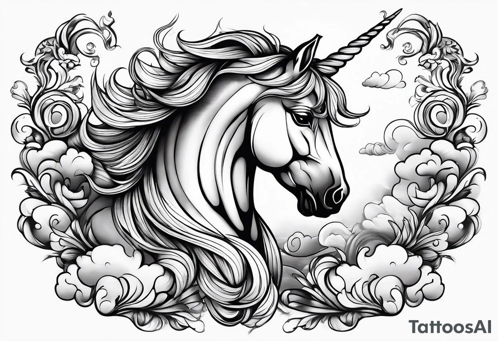Whimsical unicorn in clouds tattoo idea