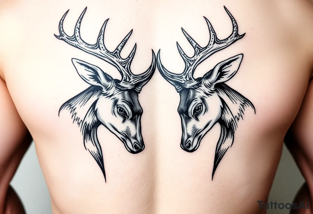 Entire Full body Two deer with their heads down hitting horns to show dominance. tattoo idea