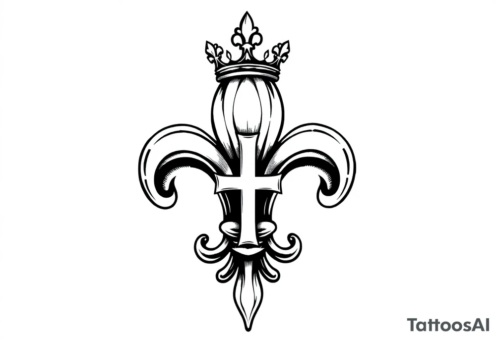 a flor de lis with a tilted crown on top and a cross hidden inside the flor de lis tattoo idea