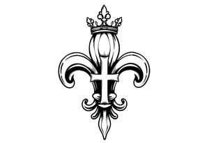 a flor de lis with a tilted crown on top and a cross hidden inside the flor de lis tattoo idea