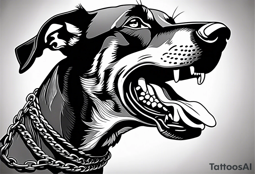 Doberman with open mouth biting
Wearing chain tattoo idea