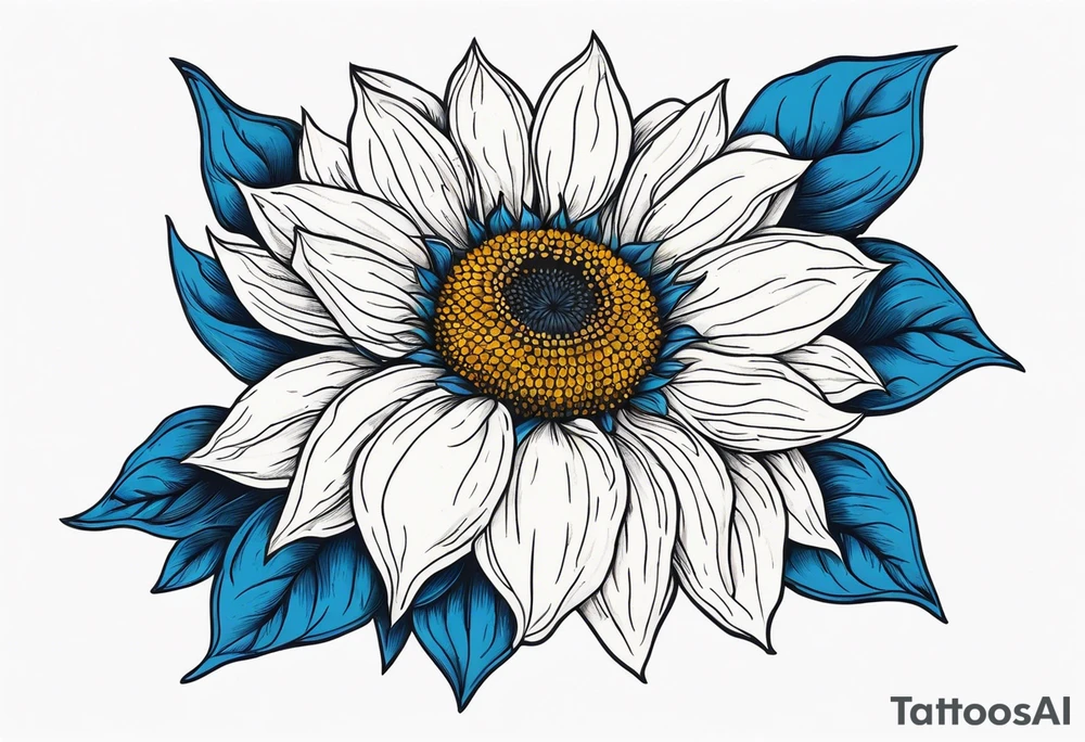 a yellow sunflower bloom with blue highlights tattoo idea