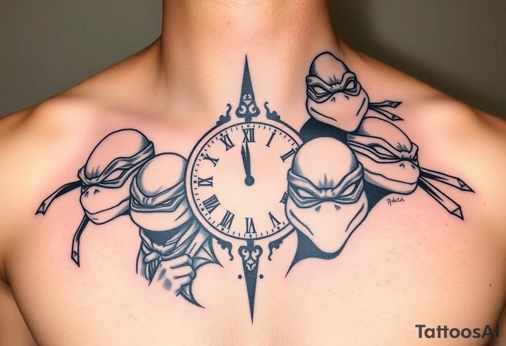 give me a full front neck tattoo of the 4 ninja turtles on the right and danny phantom on the left with a clock in the middle in all black ink tattoo idea