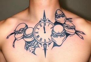 give me a full front neck tattoo of the 4 ninja turtles on the right and danny phantom on the left with a clock in the middle in all black ink tattoo idea