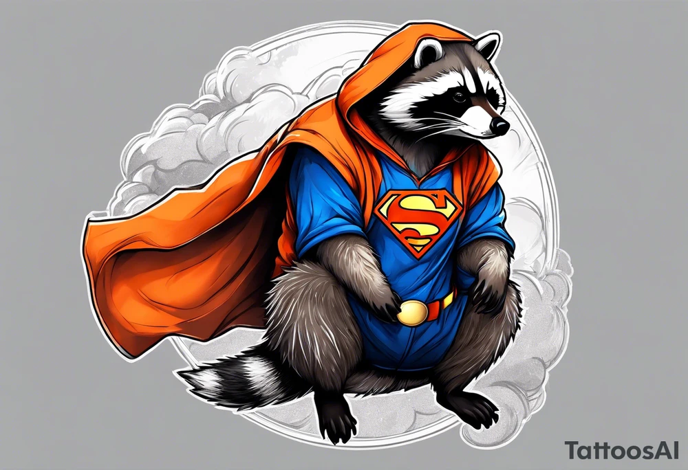 Raccoon wearing an orange Superman hoodie tattoo idea