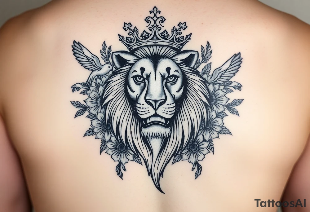 powerful majestic lion with a crown, surrounded by floral ornaments and birds tattoo idea