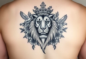 powerful majestic lion with a crown, surrounded by floral ornaments and birds tattoo idea