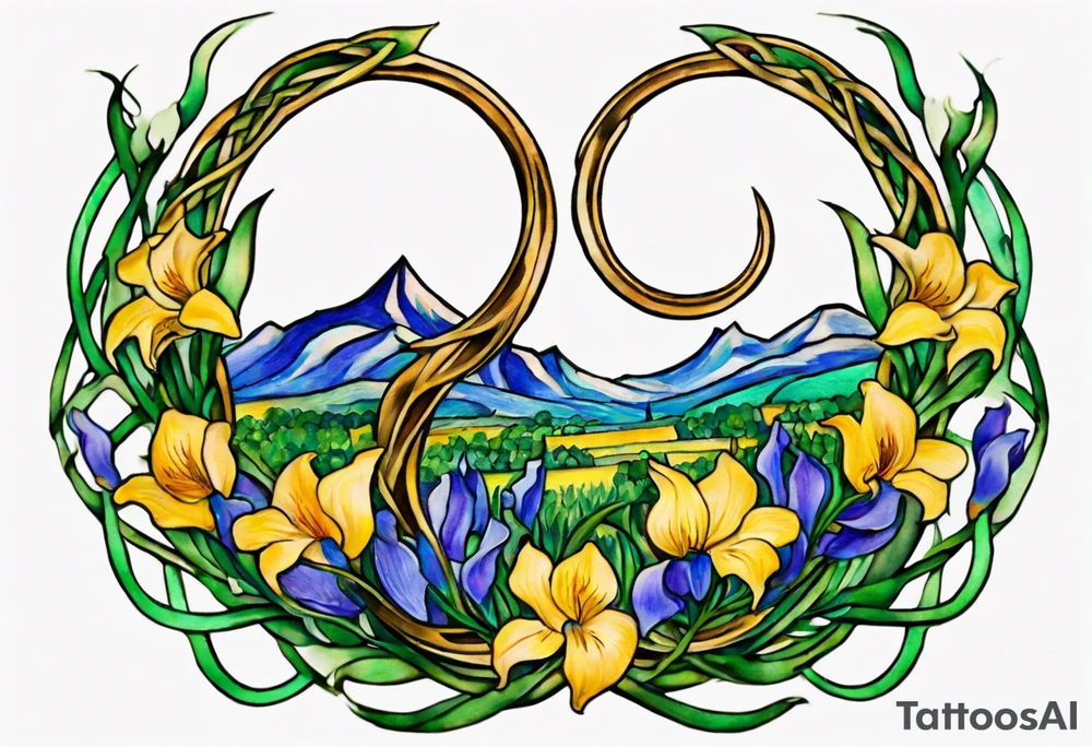 Create a small, colorful Vincent van Gogh Irises tattoo in the form of a crescent, with vines in Celtic knot style gracefully intertwining at a central point in the middle of the wreath. The intended placement is on the upper chest. The middle needs mountains. The overall design should be small in size while maintaining a delicate and artistic aesthetic. Pay attention to the graceful flow of the vines and the placement of the irises to achieve a refined and elegant look. tattoo idea