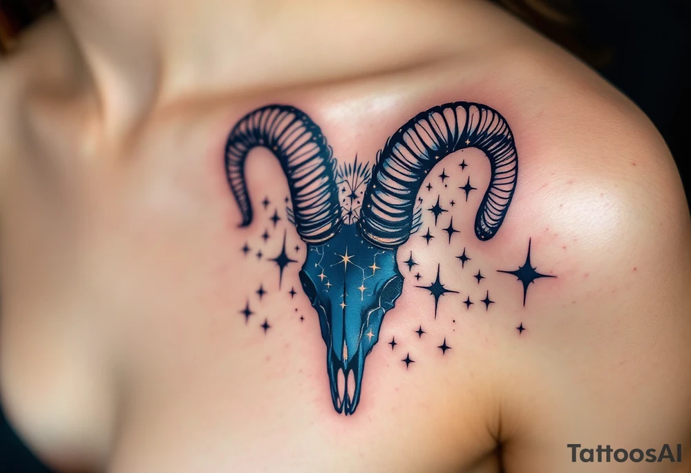 Bold black Capricorn stars constellation arch over a dark navy goat skull, blending astrology and mythology. tattoo idea