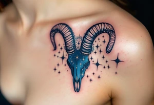 Bold black Capricorn stars constellation arch over a dark navy goat skull, blending astrology and mythology. tattoo idea