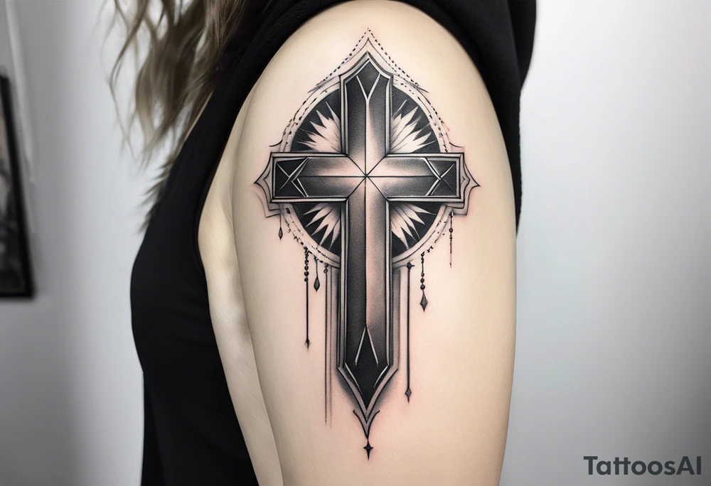 Semi realistic Tattoo: A refined cross with a soft halo on top of it, symbolizing light and spirituality. Delicate rays extend outward from the halo, adding a subtle glow and depth. The cross itself is simple and elegant, with potential for small, intricate line details within the design. Style: Semi realism tattoo idea