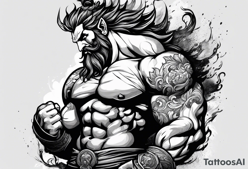 full body strong mythical giant turned to the side about to punch something tattoo idea