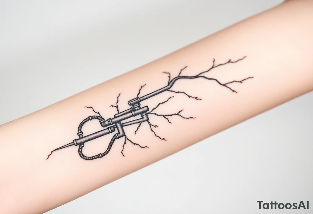wide System of pipes that transitions and transforms at the end into thick, widespread
veins of forearm tattoo idea