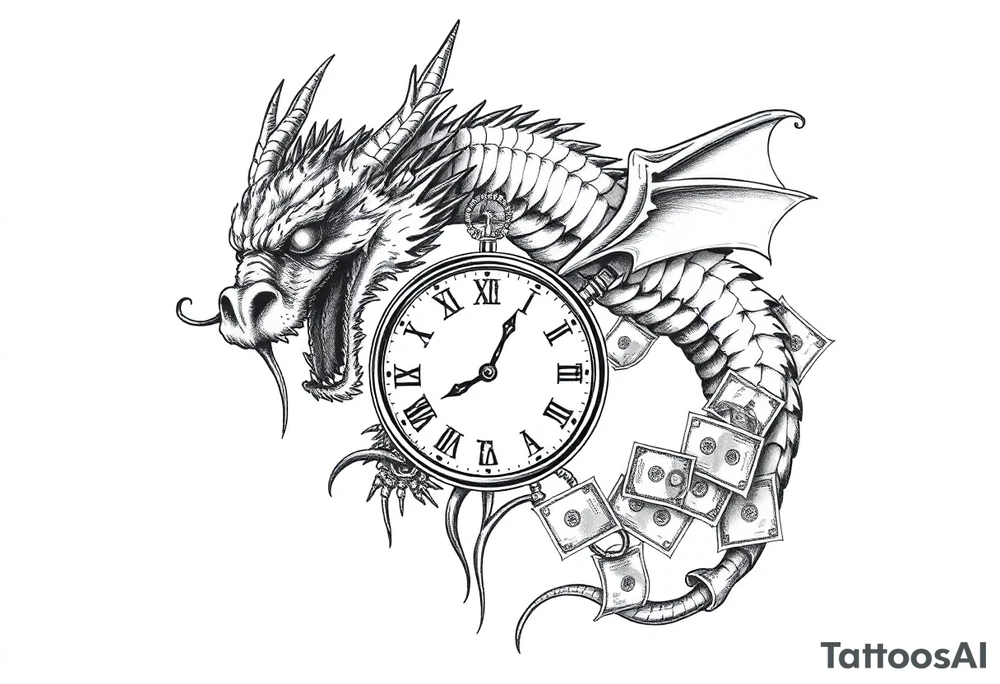 Horror dragon tattoo with clock, dollars on background tattoo idea