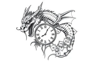 Horror dragon tattoo with clock, dollars on background tattoo idea