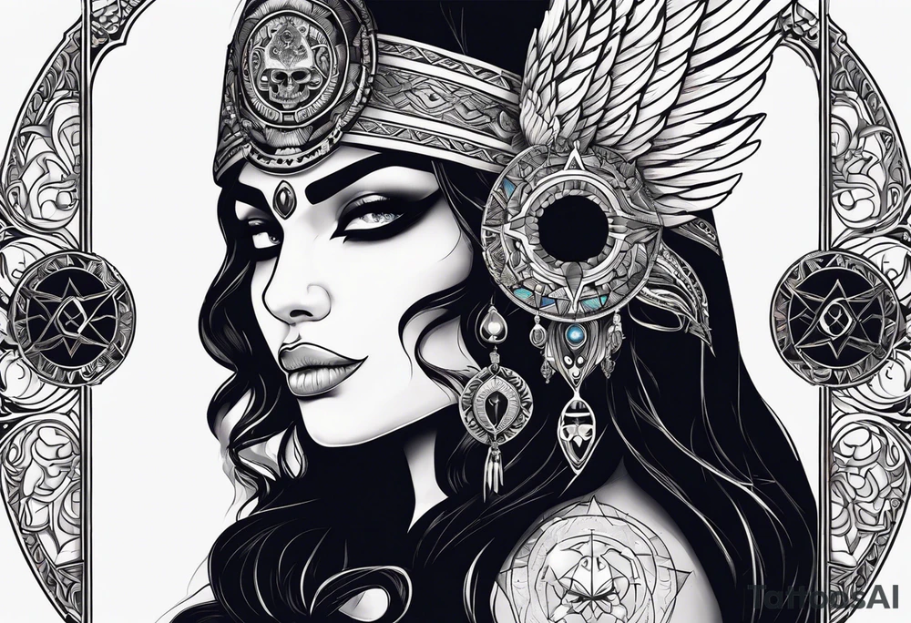 black kali, goddess pirate, alien, pachamama, valkrye, warrior, skull, lotus azul, wing, eagle, zenza resonance, stars, 5D, anahata chakra tattoo idea