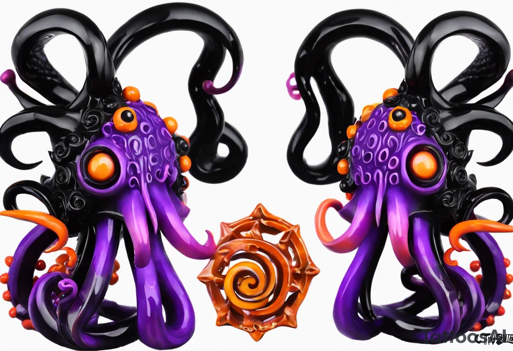 Cthulu

Black and Violet/Purple + Orange eyes
Head to be on right pec
9 Tentacles
Have 3 tentacles in a spiral for each right shoulder head
Have 1 tentacle on in a spiral for right bicep
Have 3 tentacles contouring the tricep, twirling down and around my right forearm
Have 2 tentacles wrapped around under my collar and double helix down my spinal column tattoo idea
