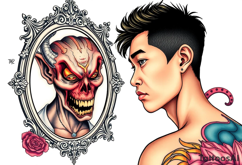 Handsome Asian young guy is looking in cursed mirror and see the evil tattoo idea