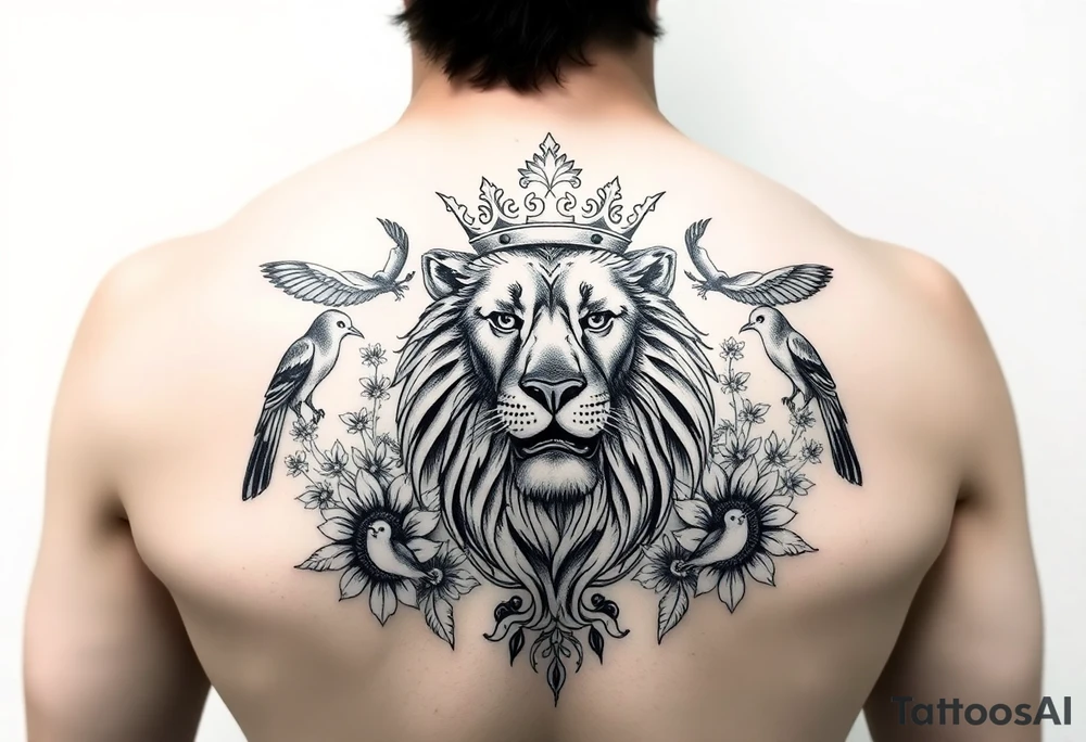 powerful majestic lion with a crown, surrounded by floral ornaments and birds tattoo idea