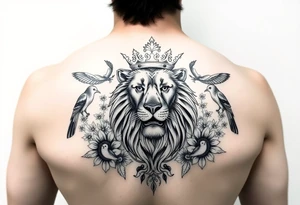 powerful majestic lion with a crown, surrounded by floral ornaments and birds tattoo idea