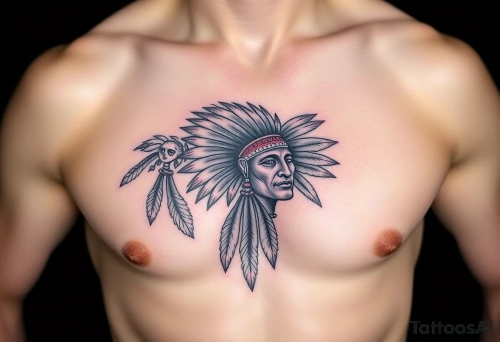 Native American chest in full color male left peck tattoo idea