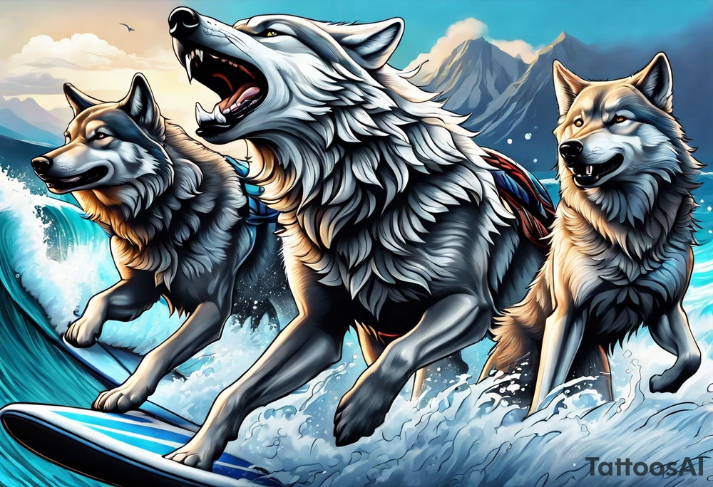 a pack muscular of gray wolves surfing tattoo idea