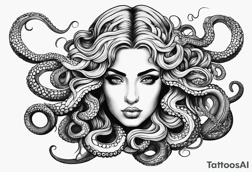 Middle eastern Medusa tattoo with a beautiful face only showing from the nose up. Octopus tentacles for hair tattoo idea