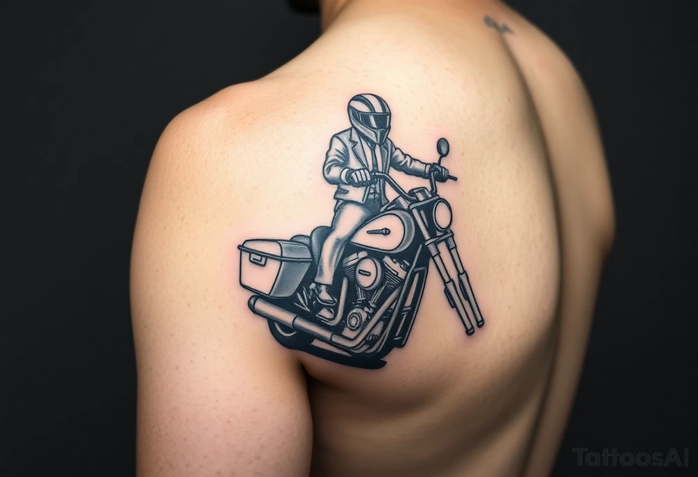 a two person on a Harley Road Glide 2018 on a forearm and a harley's engine on the top of the hand make it as realistic and use the arm to place the tatoo (Still not realistic) It's looking like a cartoon tattoo idea