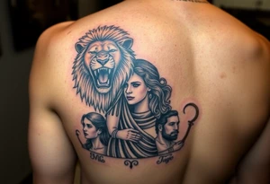 Roaring Leo lion holding virgo woman with robe and wavy hair, add Sagittarius female and Capricorn male below these tattoo idea