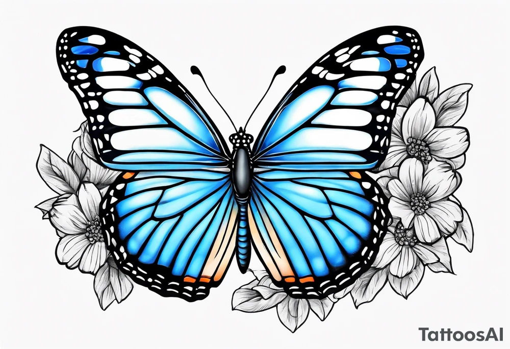 blue monarch butterfly on a line of flowers tattoo idea
