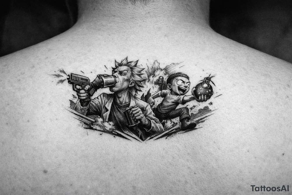 Rick drinking and shooting things and morty being reckless save the day morty , schuanch schuanch. tattoo idea