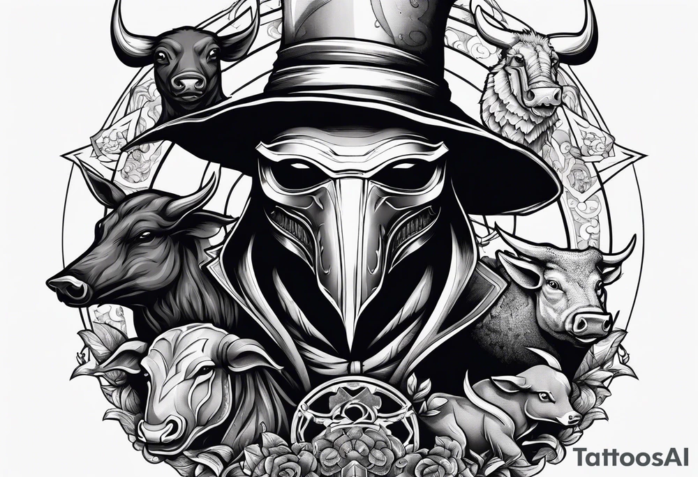 plague doctor surrounded by a scary boar, bull, pitbul, and snake tattoo idea