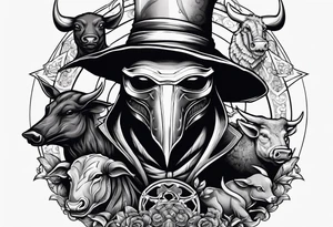 plague doctor surrounded by a scary boar, bull, pitbul, and snake tattoo idea