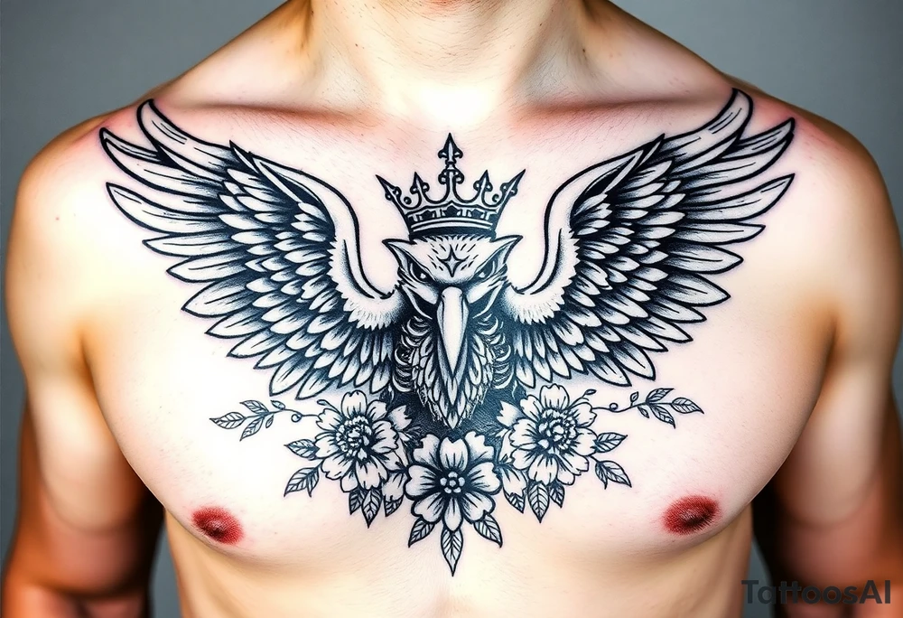 Chest tattoo,powerful majestic eagles with a crown, surrounded by floral ornaments and lure tattoo idea