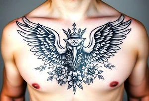 Chest tattoo,powerful majestic eagles with a crown, surrounded by floral ornaments and lure tattoo idea