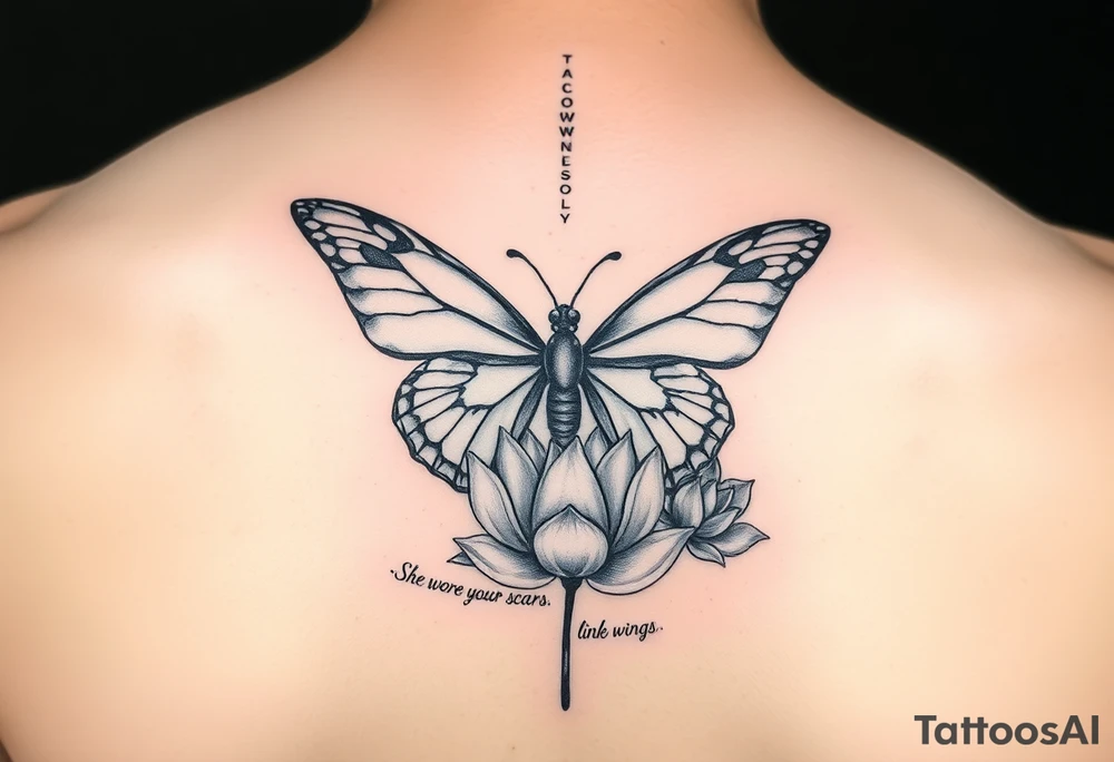 butterfly with cracked wings and lotus flower with quote that says “she wore her scars like wings” all down spine but very elegant tattoo idea
