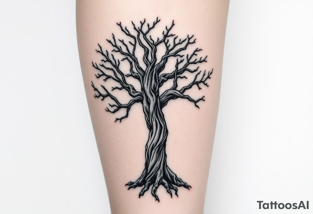 Knotty rugged tree of life on female whole leg tattoo idea