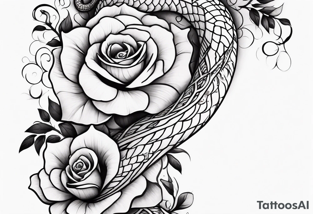 large thigh tattoo with a snake rapping around a rose tattoo idea