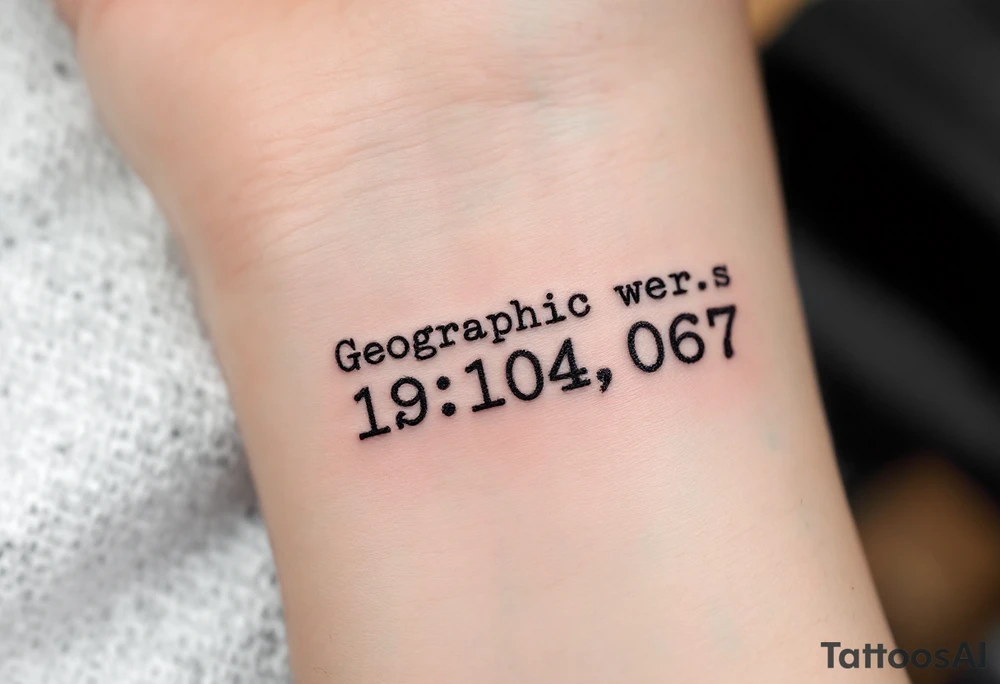 Tattoo of geographic coordinates in classic typewriter font, accented with a tiny red dot marking a special place (e.g., where you met).
Placement: Collarbone or ribcage. tattoo idea