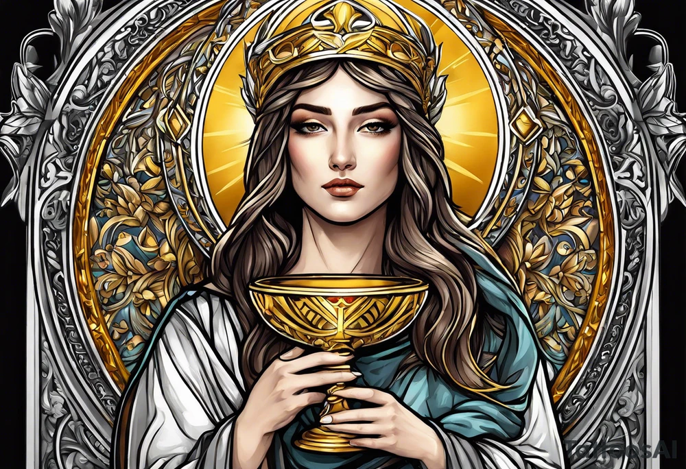 holy saint woman with golden halo holding a chalice tattoo idea
