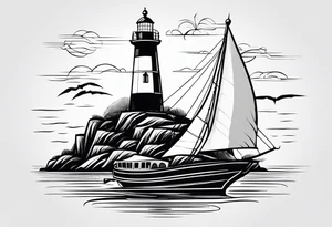 phare maritime dans un bateau entouré de voiles. tattoo idea